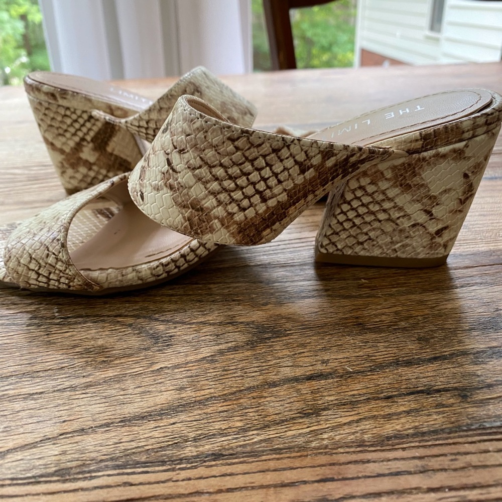 Cream and Brown Snake Print Block Heel Sandals